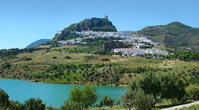 View of Zahara de la Sierra and the surrounding mountains in the Sierra de Grazalema